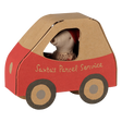 Maileg Christmas mouse little sister inside a red cardboard car box labeled Santa's Parcel Service.