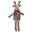 Maileg father reindeer plush toy wearing a brown vest and a plaid winter scarf.
