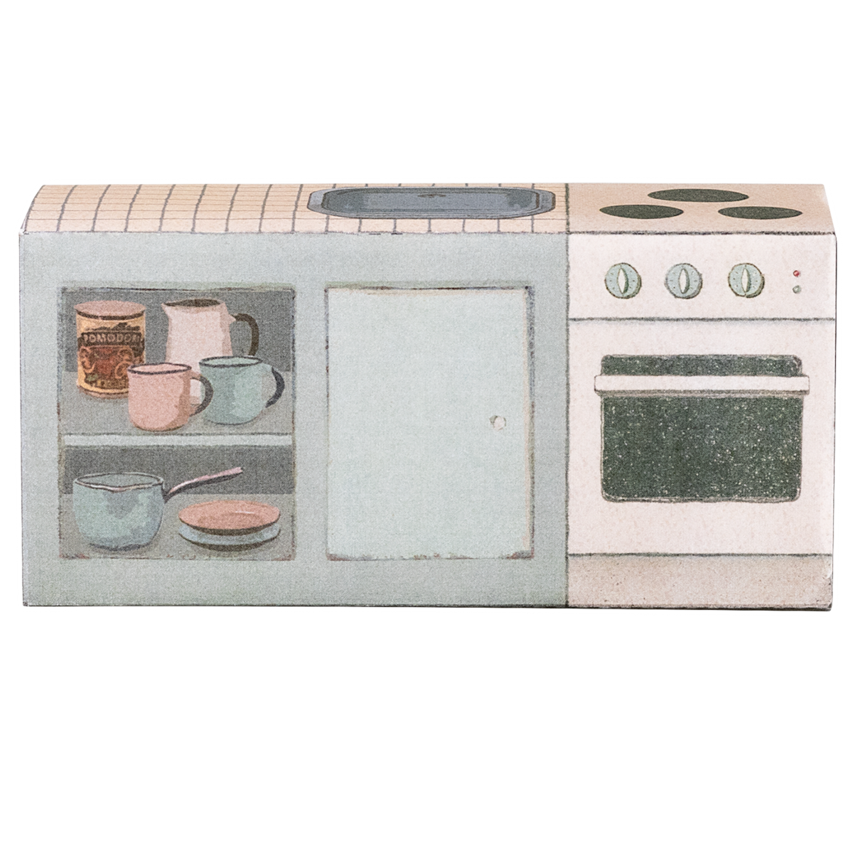 Miniature toy kitchen set with a pink countertop, mini sink, stovetop, and oven.