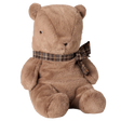 Maileg large dark mushroom teddy bear plush toy with plaid ribbon bow.