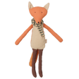 Maileg little brother fox plush toy wearing a striped knit scarf, vintage stuffed animal doll.