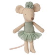 Maileg little sister ballerina mouse toy wearing a vintage mint green tutu and headpiece.