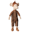 Maileg medium mouse doll wearing brown striped overalls, a cozy sweater, matching hat, and boots.