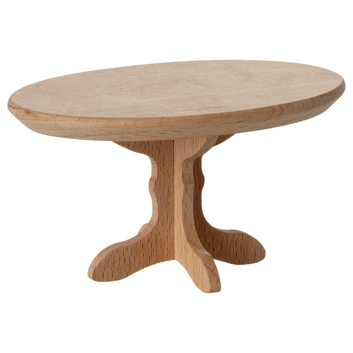 A miniature, oval wooden table with a smooth top and a decorative, carved pedestal base, showcasing a natural wood finish.