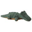 A plush green crocodile toy on a white background. It has textured fabric, a smiling expression, and soft, rounded features, conveying a playful tone.