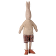 Maileg size 4 classic rabbit plush toy wearing a knitted sweater, plaid shorts, and brown shoes.