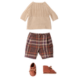 Maileg size 4 doll clothes set with off-white knitted sweater, plaid shorts, and brown shoes.