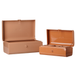 Maileg storage suitcase set in powder and coral metal toy boxes with removable divider tray.