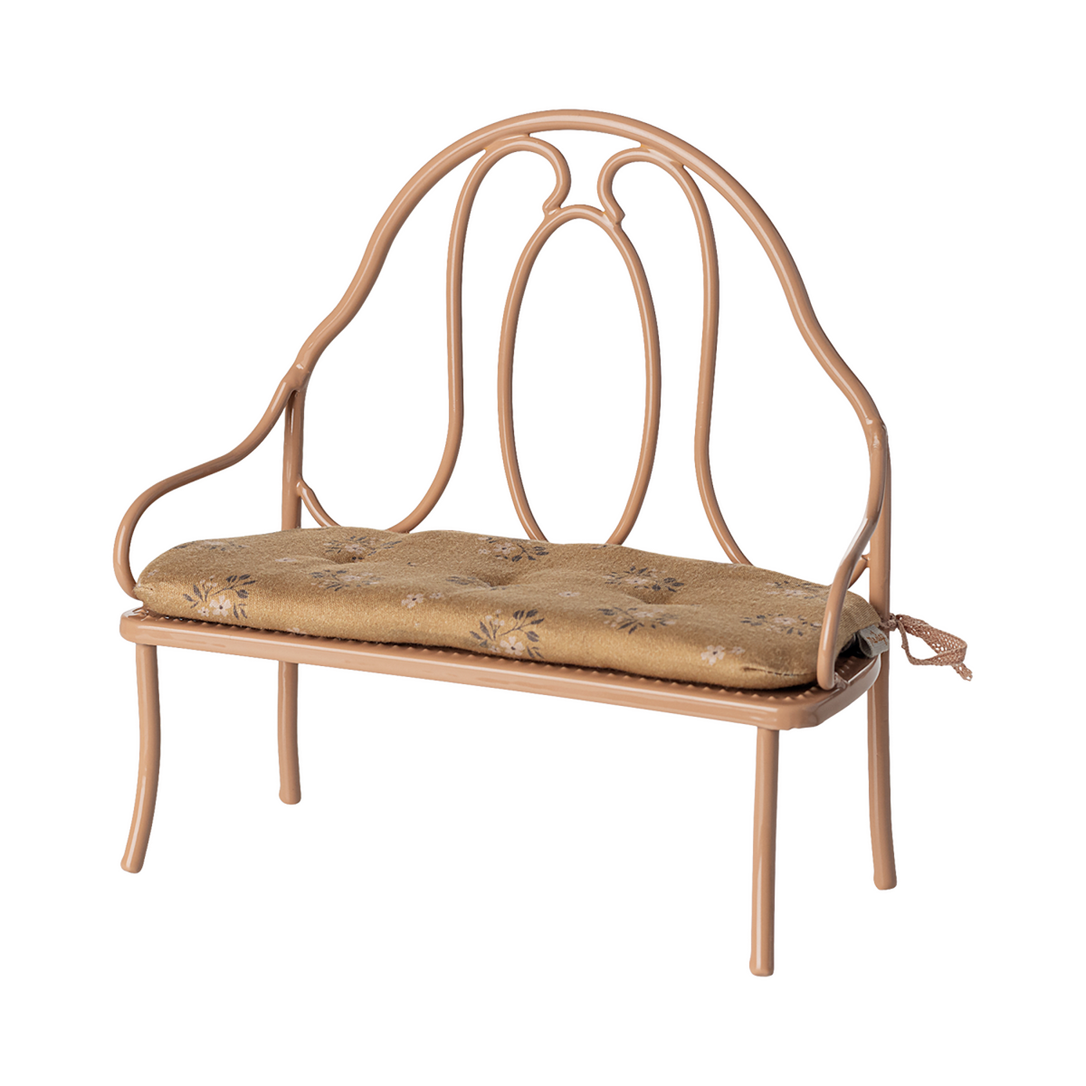 Vintage-style miniature wrought iron bench with a light brown, floral-patterned cushion. The elegant curves of the metal frame add a classic charm.