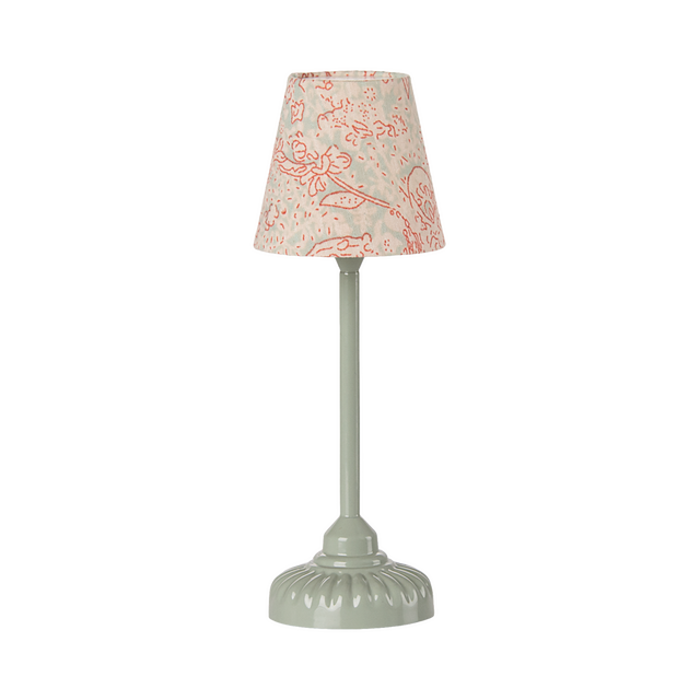Elegant miniature table lamp with a smooth, green base and a fabric shade adorned with delicate red floral patterns, conveying a classic, cozy ambiance.