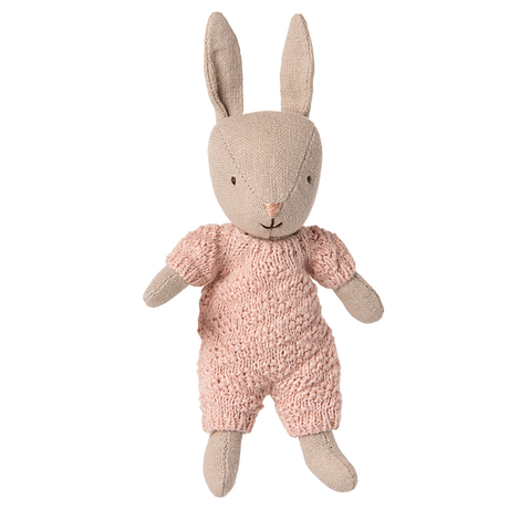 Maileg micro rabbit toy in a rose pink knitted suit. For heirloom plush toys and gifts.
