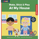 Kikkerland Kidoki "Make, Stick & Play At My House" activity book featuring illustrated kids, a dog, and cat.