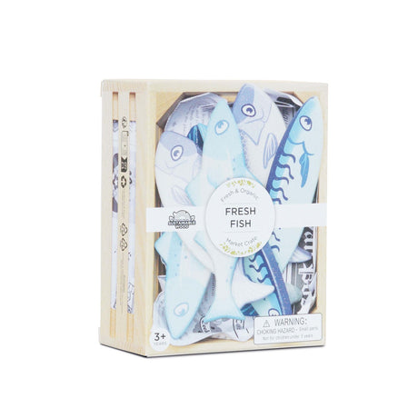 Packaged Fresh Fish Market Crate toy set with blue wooden fish inside a wooden frame.