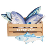 Wooden toy fish set featuring blue play fish in a small Le Toy Van wooden crate.