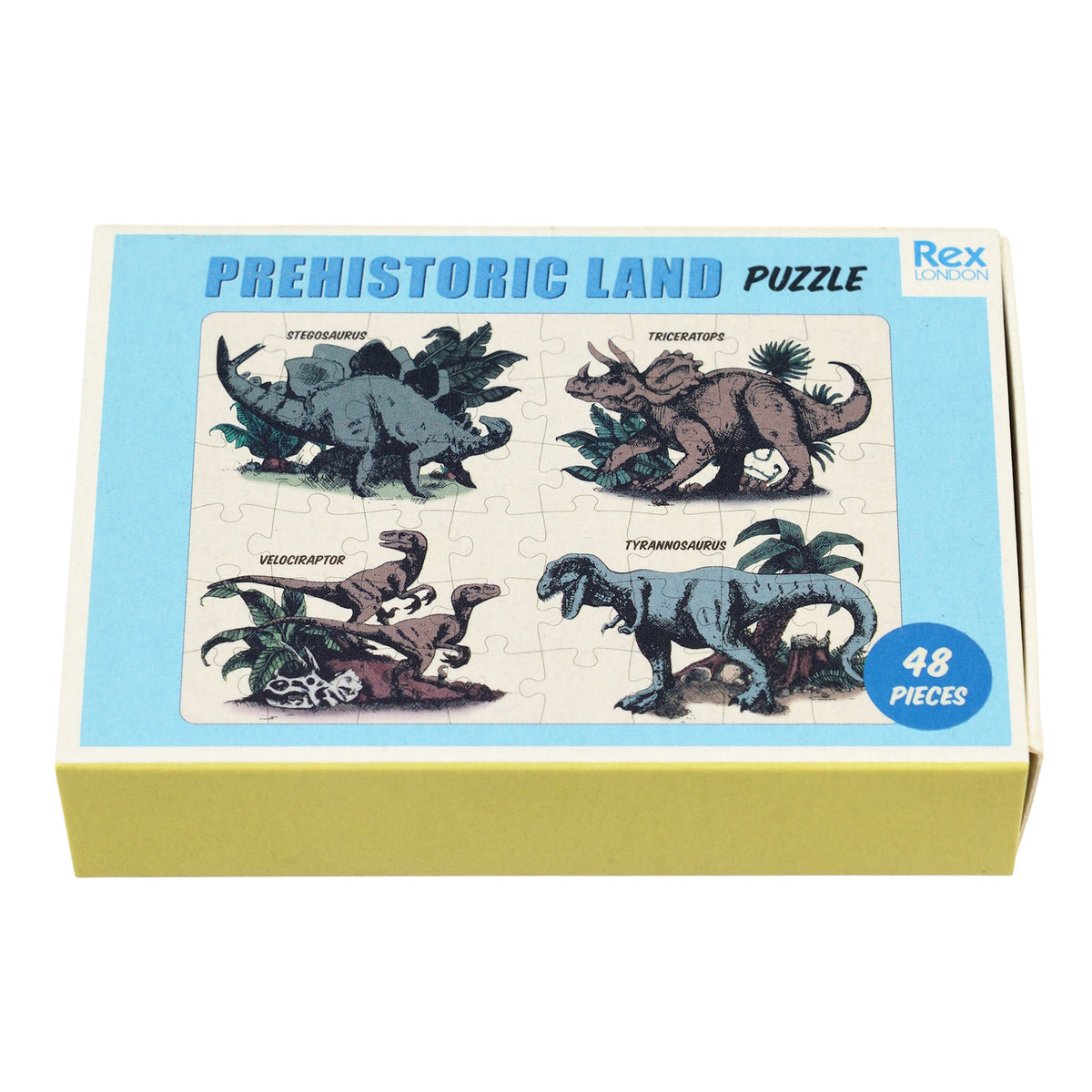 Colorful dinosaur puzzle featuring Stegosaurus, Triceratops, Velociraptor, and Tyrannosaurus, packed in a matchbox-sized box.