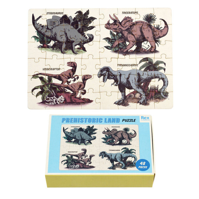 Colorful dinosaur puzzle featuring Stegosaurus, Triceratops, Velociraptor, and Tyrannosaurus, packed in a matchbox-sized box.