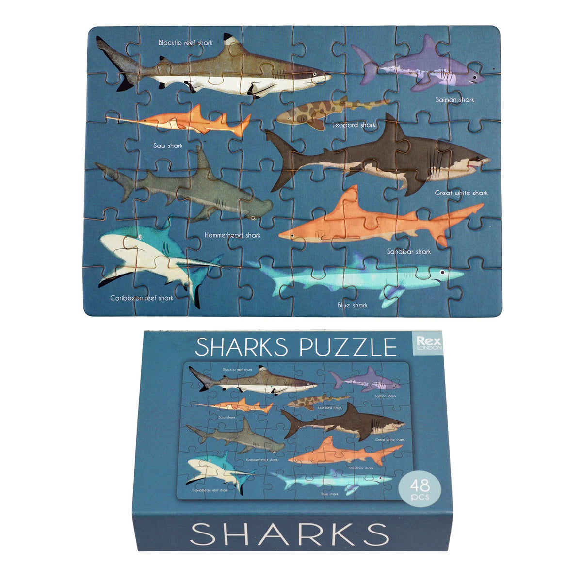 A 48 pcs. puzzle featuring various shark species on a blue background, packaged in a matchbox-sized box.