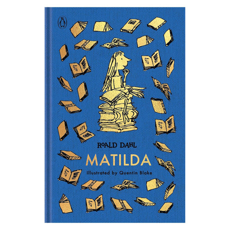 Blue clothbound book cover featuring gold illustrations of books and a girl sitting on a tall stack of books.