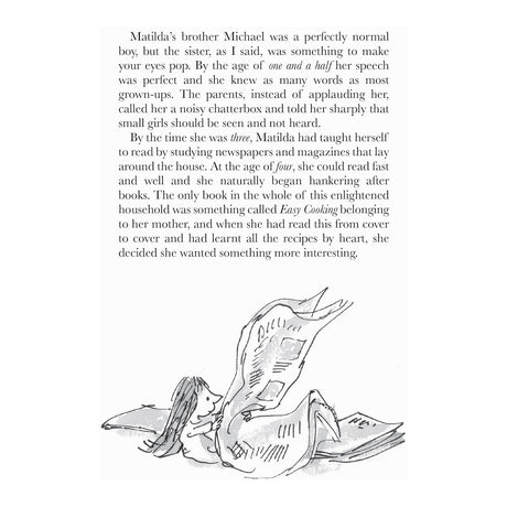 Blue book page with text about Matilda's early reading habits and an illustration of a young girl reading a newspaper.