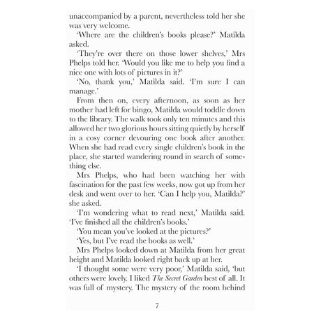 Book page 7 featuring text of Matilda talking to Mrs. Phelps about finishing all the children's books and liking The Secret Garden best.