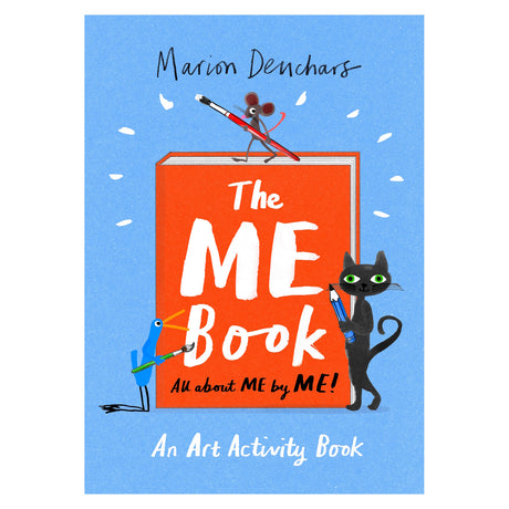Cover of "The ME Book" by Marion Deuchars. Features a red book with playful illustrations: a mouse, bird, and cat holding art supplies on a blue background. Energetic and creative tone.