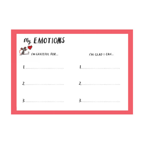 A pink-bordered emotions chart titled "My Emotions" with sections for "I'm Grateful For..." and "I'm Glad I Can..." Features a cartoon mouse and a heart.
