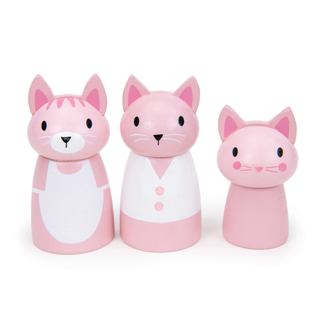 Three pink wooden cat figures standing side by side against a white background.