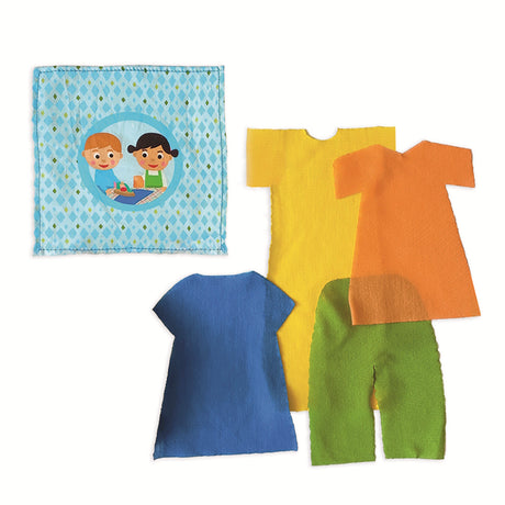 Colorful felt clothes set for kids' flannel board featuring blue dress, yellow shirt, and green pants.