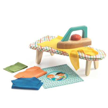 Wooden toy iron and ironing board set with colorful fabric clothes for kids' imaginative pretend play.