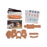 Furry Friends craft kit contents including fuzzy stems, sticker sheets, cardboard, and manual.