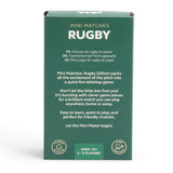 Back packaging of Mini Matches Rugby game, featuring game details, eco-icons, and age recommendation.