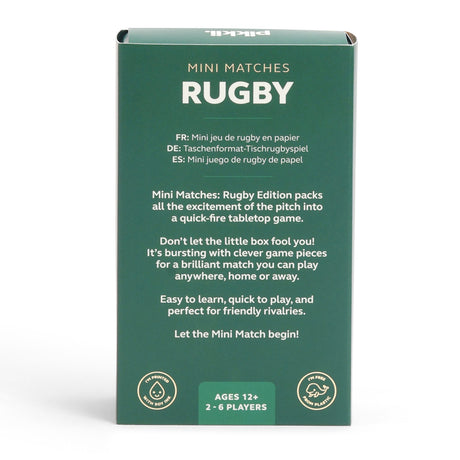 Back packaging of Mini Matches Rugby game, featuring game details, eco-icons, and age recommendation.
