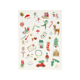 Sheet of festive Christmas sticker illustrations featuring Santa, an elf, reindeer, and gifts.