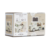 Product packaging box for a wooden toy coffee truck showing product images and feature details.