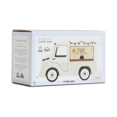Packaging box for a Le Toy Van wooden cafe van toy with product details on the front.