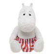 White plush hippo toy with wide eyes, wearing red and white striped shorts. The toy has a friendly and cheerful expression.