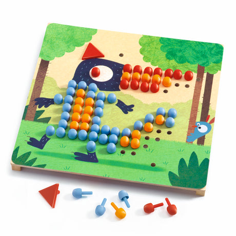 Colorful wooden peg board toy with blue, orange, and red pegs forming a bird illustration for kids.