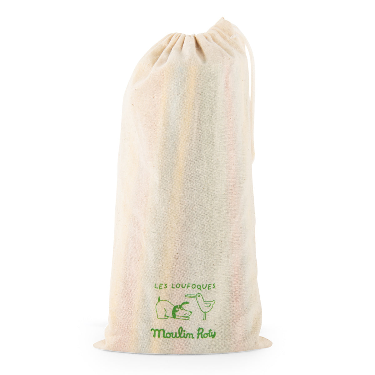 Moulin Roty Giga Bomb game fabric storage bag with drawstring and Les Loufoques logo on a white background.