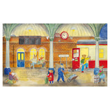 Illustrated children's book page showing a train station platform with animal passengers boarding a train.