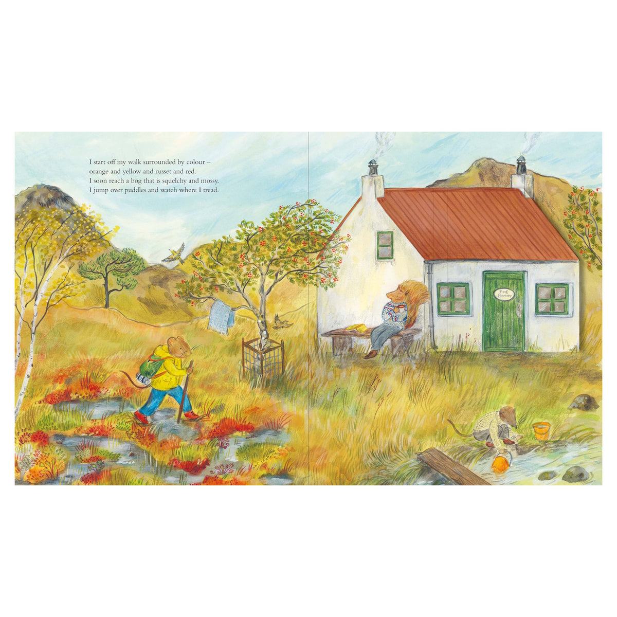 Illustrated book page of a mouse hiking through a colorful landscape near a cottage.