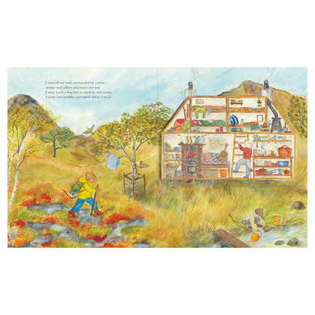 Illustrated book page showing a mouse hiking and a cutaway cottage interior with characters inside.