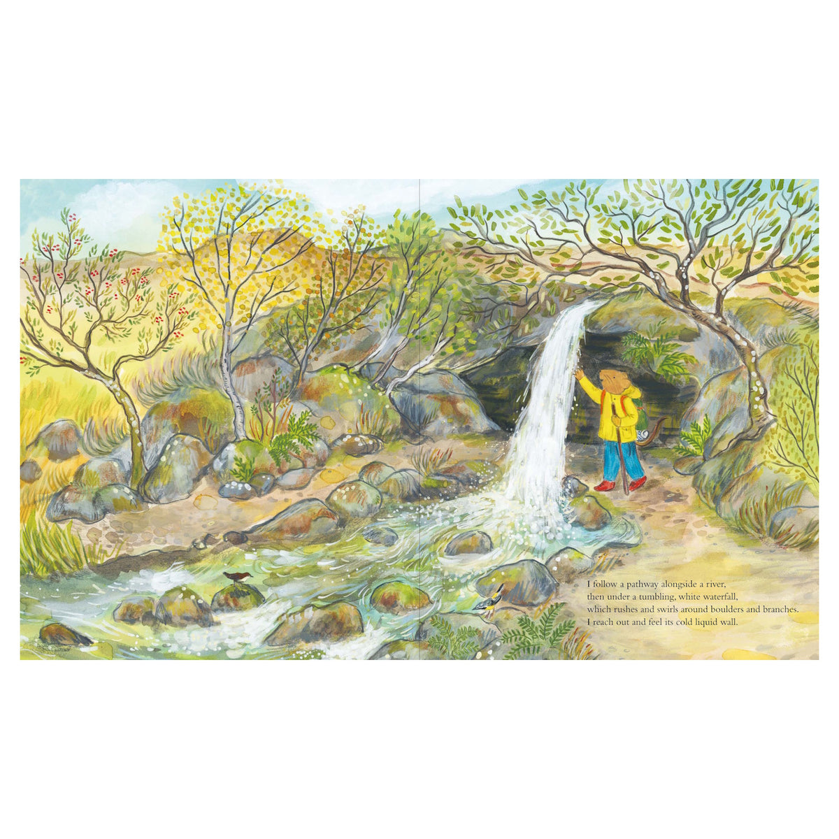 Illustrated children's book page showing a mouse exploring along a river and touching a waterfall.