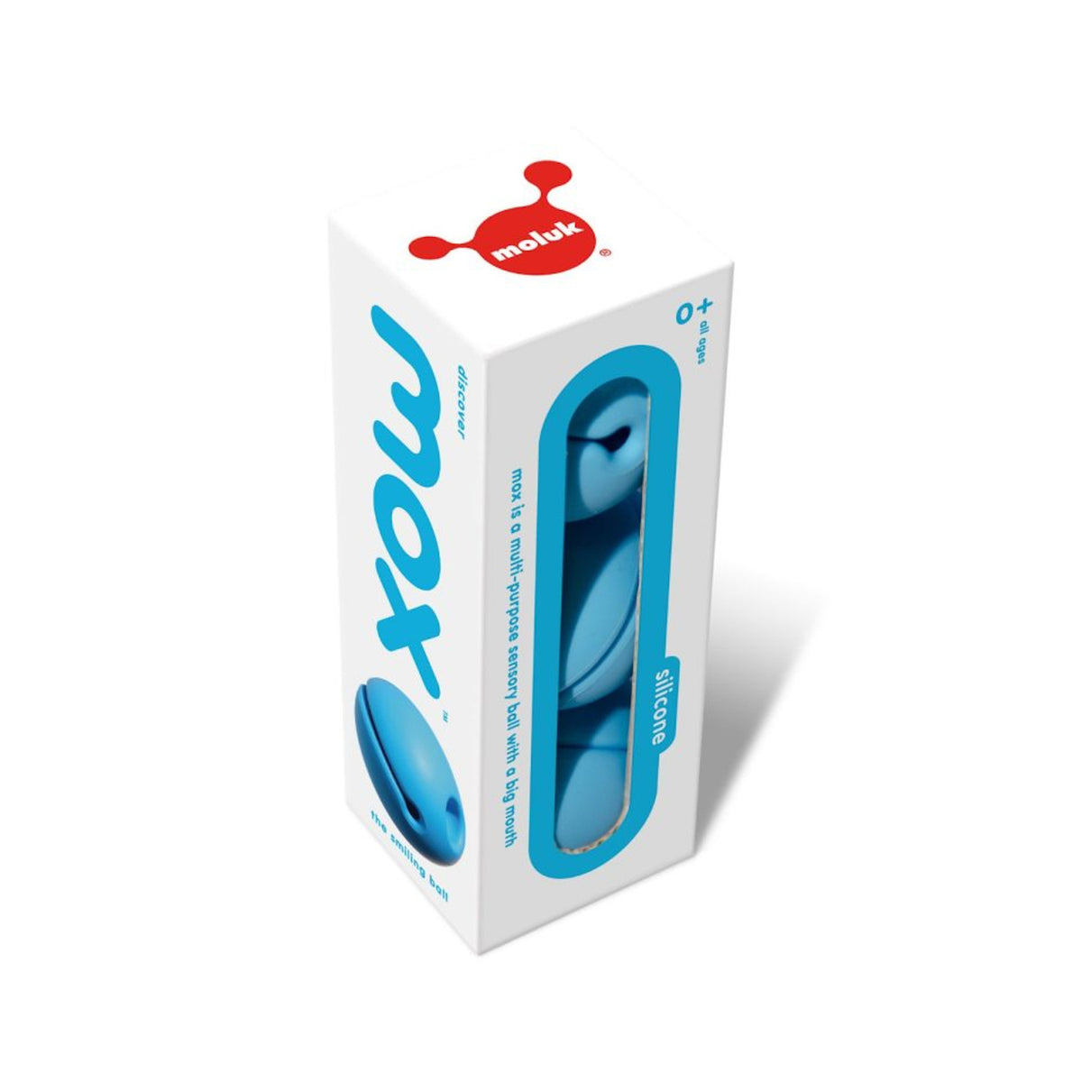 White packaging for a blue silicone toy with a window revealing part of the toy. It features "Moluk" logo, the name "Mox," and the phrase "The Gentle Beast."