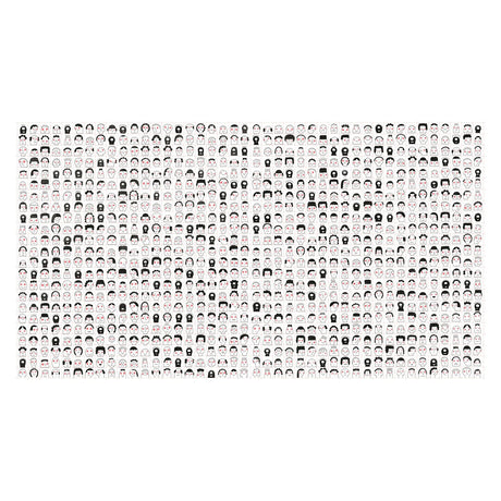 A grid of over 400 cartoon faces, each unique, displaying diverse hairstyles and expressions. The illustration's tone is playful and whimsical.