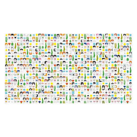 Colorful grid of diverse cartoon faces, each with unique hairstyles and expressions, surrounded by simple icons and patterns on a white background. Playful mood.