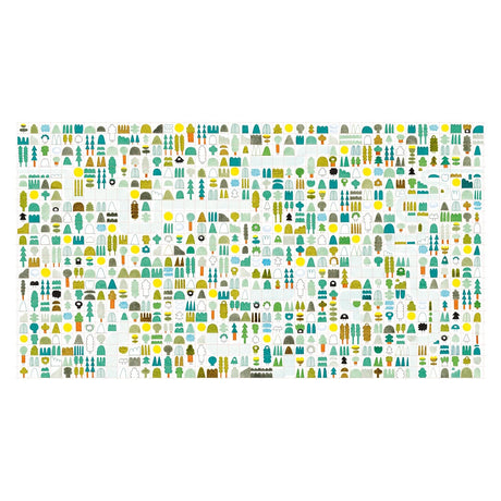 Colorful grid of abstract tree and landscape shapes in green, yellow, blue, and brown. Each square has a unique pattern, creating a playful, organized design.