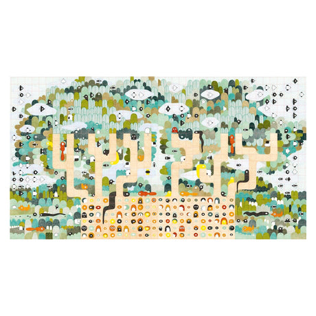 Abstract art featuring interconnected shapes resembling trees, composed of earthy tones like greens and browns. The piece conveys a whimsical, playful tone.