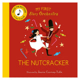 Cover of "The Nutcracker" book shows a smiling girl in a white dress dancing with a Nutcracker soldier. Colorful candies and stars float around them. Bold red background.