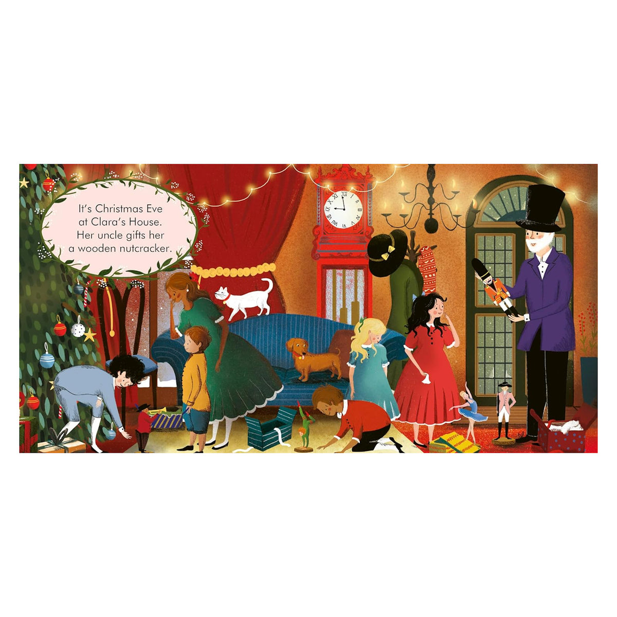 Festive Christmas Eve scene at Clara's house. Her uncle, in a top hat, gifts her a wooden nutcracker. Children play joyfully, surrounded by decorations.
