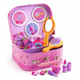 Open pink toy vanity case with wooden makeup, brush, mirror, and jewelry for kids pretend play.